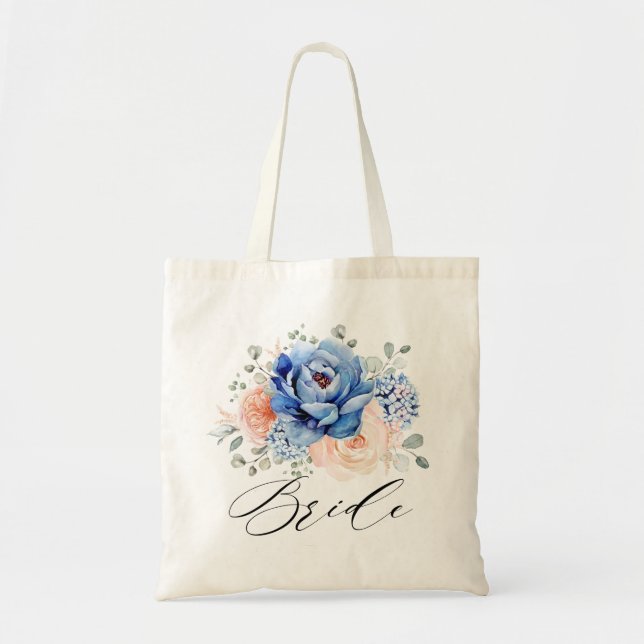 Navy Blue Slate Dusty Blush Pink Floral Wedding  Tote Bag (Front)