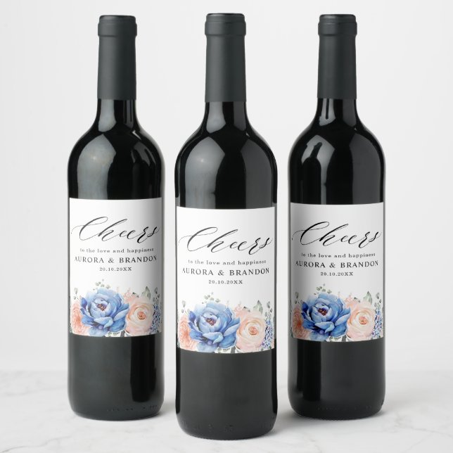 Navy Blue Slate Dusty Blush Pink Floral Wedding  Wine Label (Bottles)
