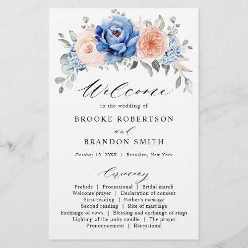 Navy Blue Slate Dusty Blush Pink Wedding Program