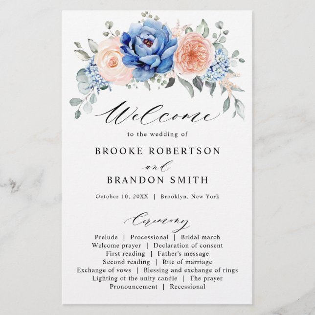 Navy Blue Slate Dusty Blush Pink Wedding Program (Front)