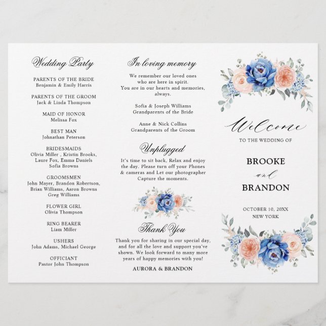 Navy Blue Slate Dusty Blush Pink Wedding Program (Front)