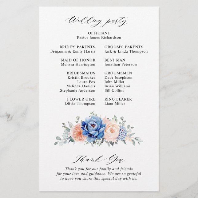 Navy Blue Slate Dusty Blush Pink Wedding Program (Back)