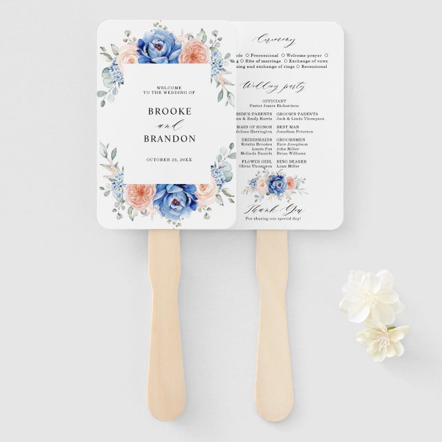 Navy Blue Slate Dusty Blush Pink Wedding Program Hand Fan (Front and Back)