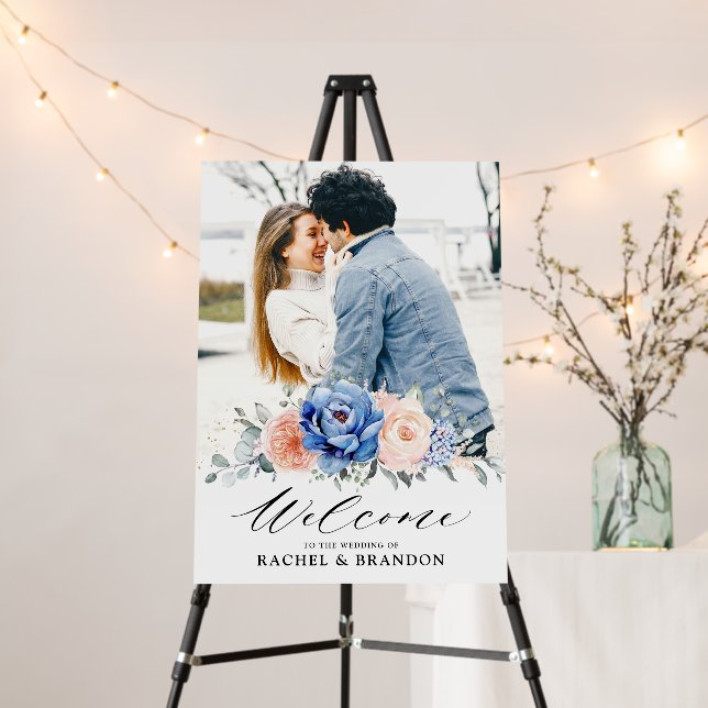 Navy Blue Slate Dusty Blush Pink Wedding Welcome Foam Board (In Situ (Stand))