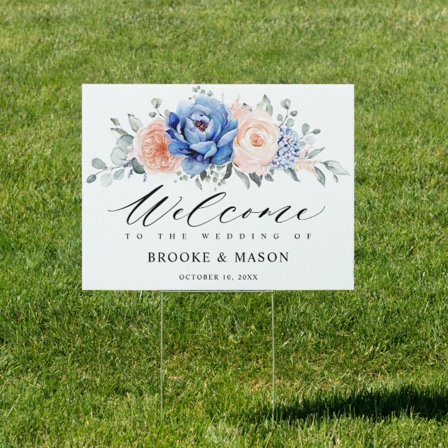 Navy Blue Slate Dusty Blush Pink Wedding Welcome Sign (Insitu)