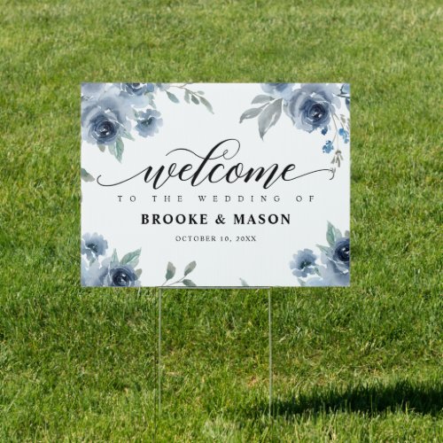 Navy Blue Slate Dusty Floral Wedding Welcome Sign
