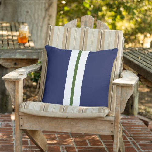Navy Blue Slim Forest Green White Racing Stripes  Outdoor Pillow