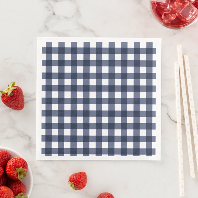 Navy Blue Small Classic Gingham Check Plaid Paper Dinner Napkins (Insitu)