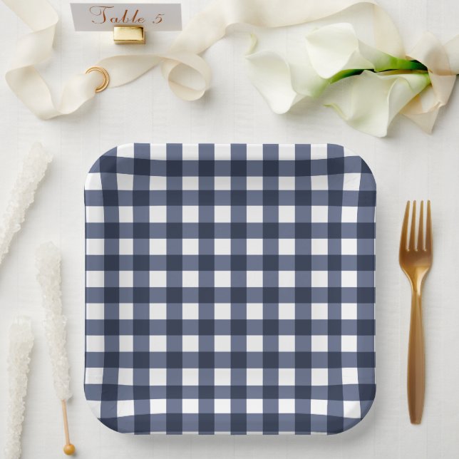 Navy Blue Small Classic Gingham Check Plaid Paper Plates (Wedding)