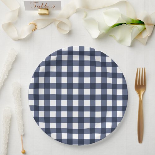 Navy Blue Small Classic Gingham Check Plaid Paper Plates