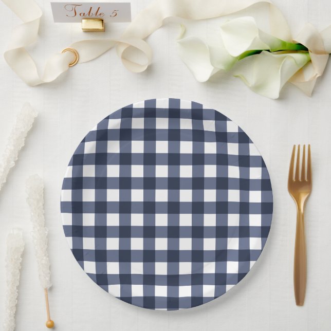 Navy Blue Small Classic Gingham Check Plaid Paper Plates (Wedding)