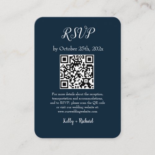 Navy Blue Small Vertical Wedding RSVP QR Code Enclosure Card