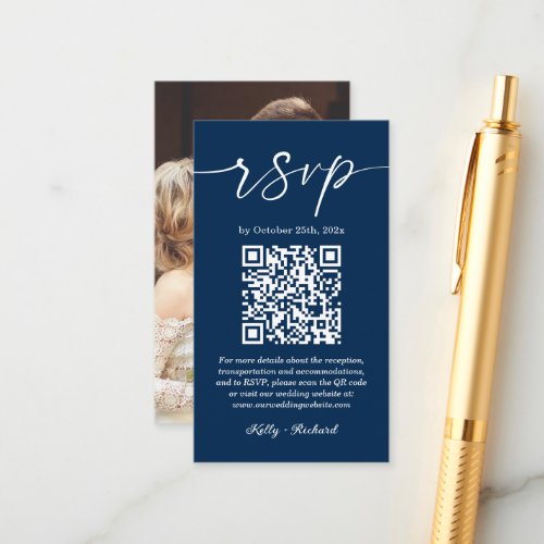 Navy Blue Small Wedding Website RSVP QR Code Enclosure Card