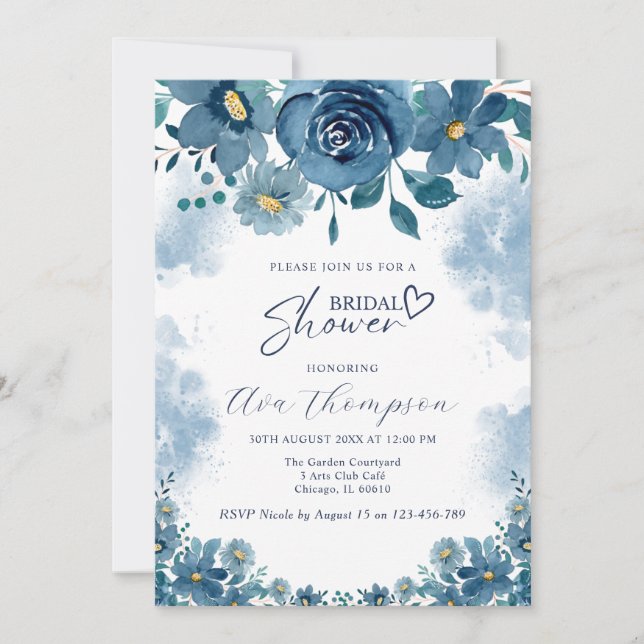Navy Blue Smoke Floral Bridal Shower Invitation (Front)
