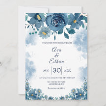Navy Blue Smoke Floral Wedding Invitation