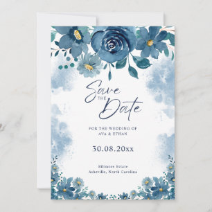 Navy Blue Smoke Floral Wedding Save The Date Invitation