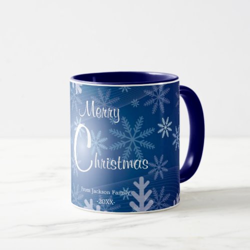 Navy Blue Snow Flakes Merry Christmas Mug