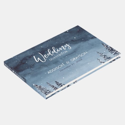 Navy Blue Snow Winter Wonderland | Guestbook - This elegant winter watercolor snowy winter scene is perfect for your winter wonderland wedding.