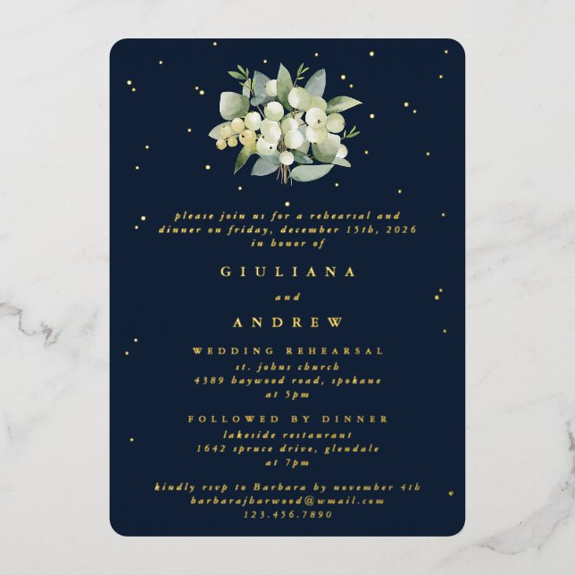 Navy Blue Snowberry+Eucalyptus Wedding Rehearsal Foil Invitation (Front)