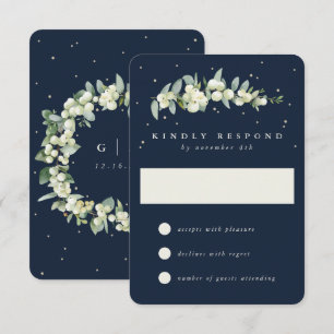 Navy Blue Snowberry+Eucalyptus Winter Wedding RSVP Card