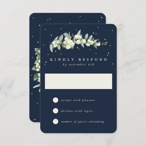 Navy Blue SnowberryEucalyptus Winter Wedding RSVP Card