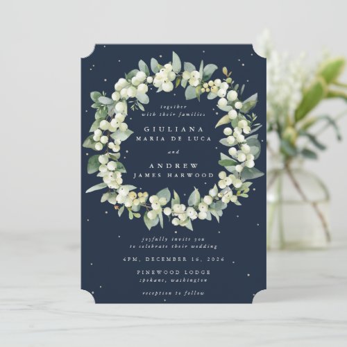 Navy Blue SnowberryEucalyptus Wreath Wedding Invitation