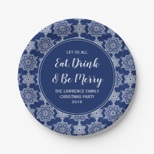 Navy Blue Snowflake Eat Drink Christmas Party Paper Plates