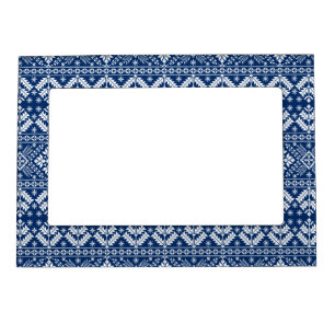 Navy Blue Snowflake & Floral Fair Isle Christmas Magnetic Frame