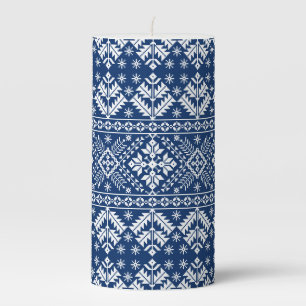 Navy Blue Snowflake & Floral Fair Isle Christmas Pillar Candle