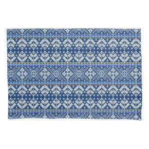 Navy Blue Snowflake & Floral Fair Isle Christmas Pillow Case