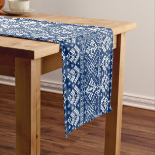 Navy Blue Snowflake & Floral Fair Isle Christmas Short Table Runner