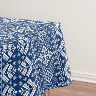 Navy Blue Snowflake & Floral Fair Isle Christmas Tablecloth