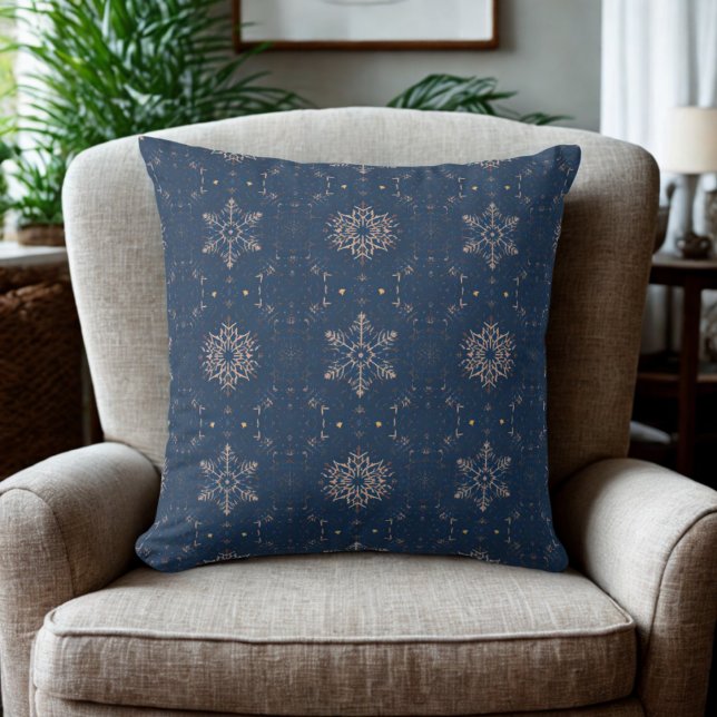 Navy Blue Snowflake Holiday Throw Pillow (Navy blue winter snowflake pattern throw pillow)