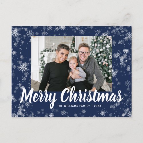 Navy Blue Snowflake Photo Christmas Postcard