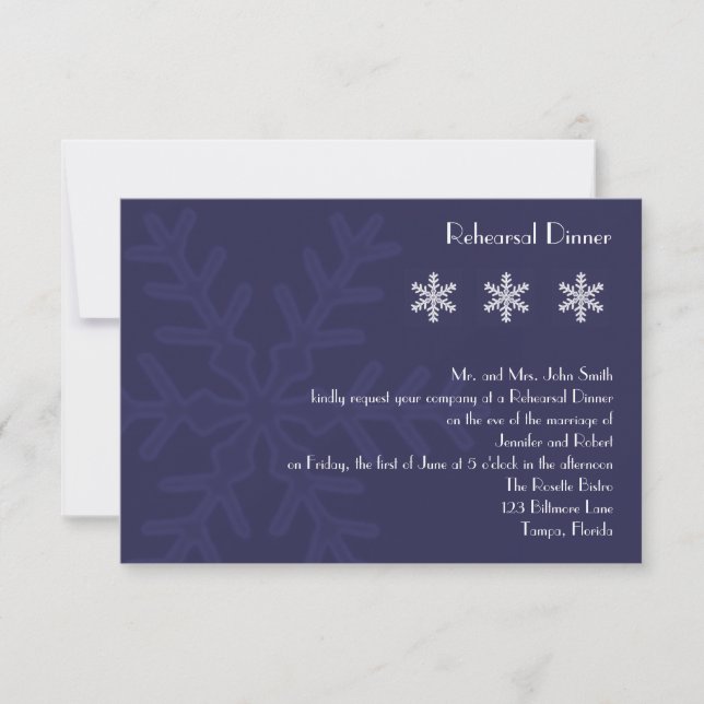 Navy Blue Snowflake Wedding Rehearsal Dinner Invitation (Front)
