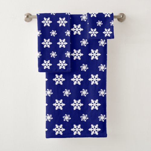 Navy Blue Snowflake White Winter Snow Bath Towel Set