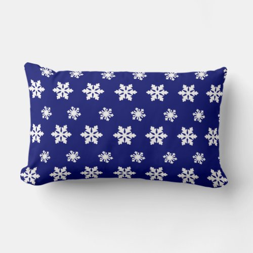 Navy Blue Snowflake White Winter Snow Lumbar Pillow