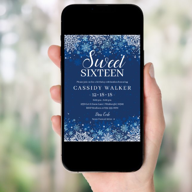 Navy Blue Snowflake Winter Sweet 16 Birthday Invitation (Front Digital)