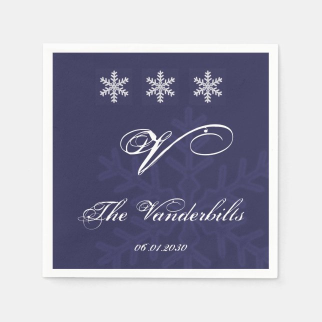 Navy Blue Snowflake Winter Wedding Napkins (Front)