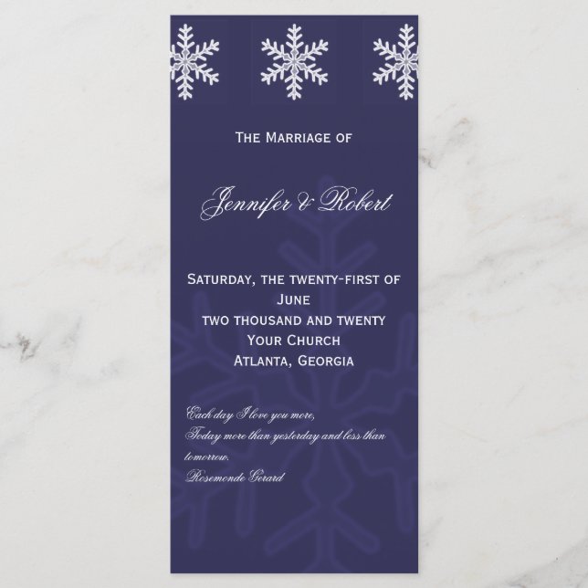 Navy Blue Snowflake Winter Wedding Program (Front)