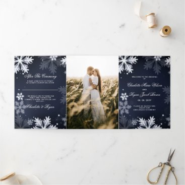 Navy Blue Snowflake Winter Wedding    Tri-Fold Program