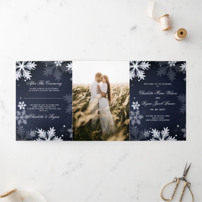 Navy Blue Snowflake Winter Wedding    Tri-Fold Program (Outside)