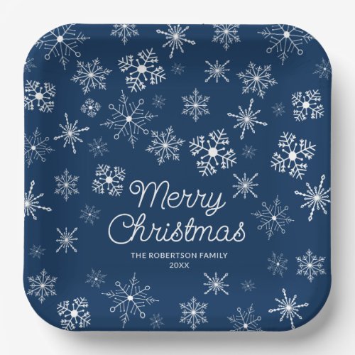 Navy Blue Snowflakes Christmas Party Paper Plates