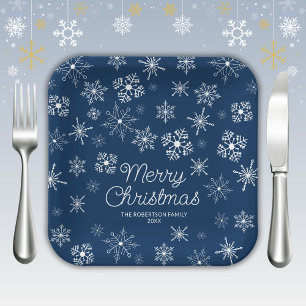 Navy Blue Snowflakes Christmas Party Paper Plates