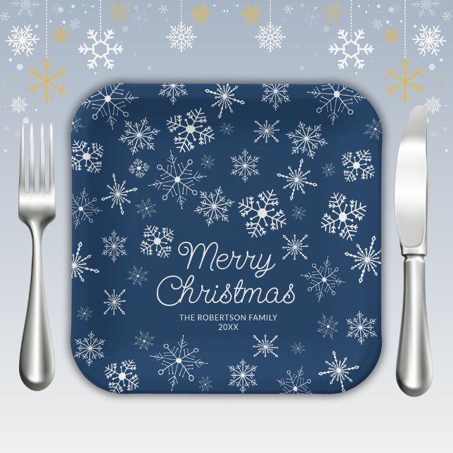 Navy Blue Snowflakes Christmas Party Paper Plates (Creator Uploaded)