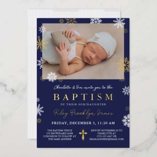 Navy Blue Snowflakes Photo Winter Baptism Gold Foil Invitation