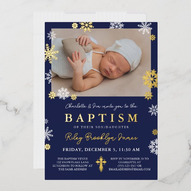Navy Blue Snowflakes Photo Winter Baptism Gold Foil Invitation (Envelope)