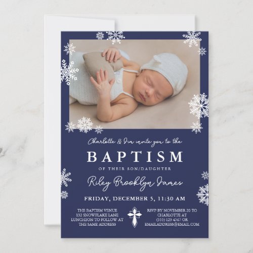 Navy Blue Snowflakes Photo Winter Baptism Invitation