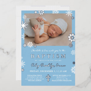 Navy Blue Snowflakes Photo Winter Baptism Silver Foil Invitation