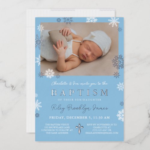 Navy Blue Snowflakes Photo Winter Baptism Silver Foil Invitation
